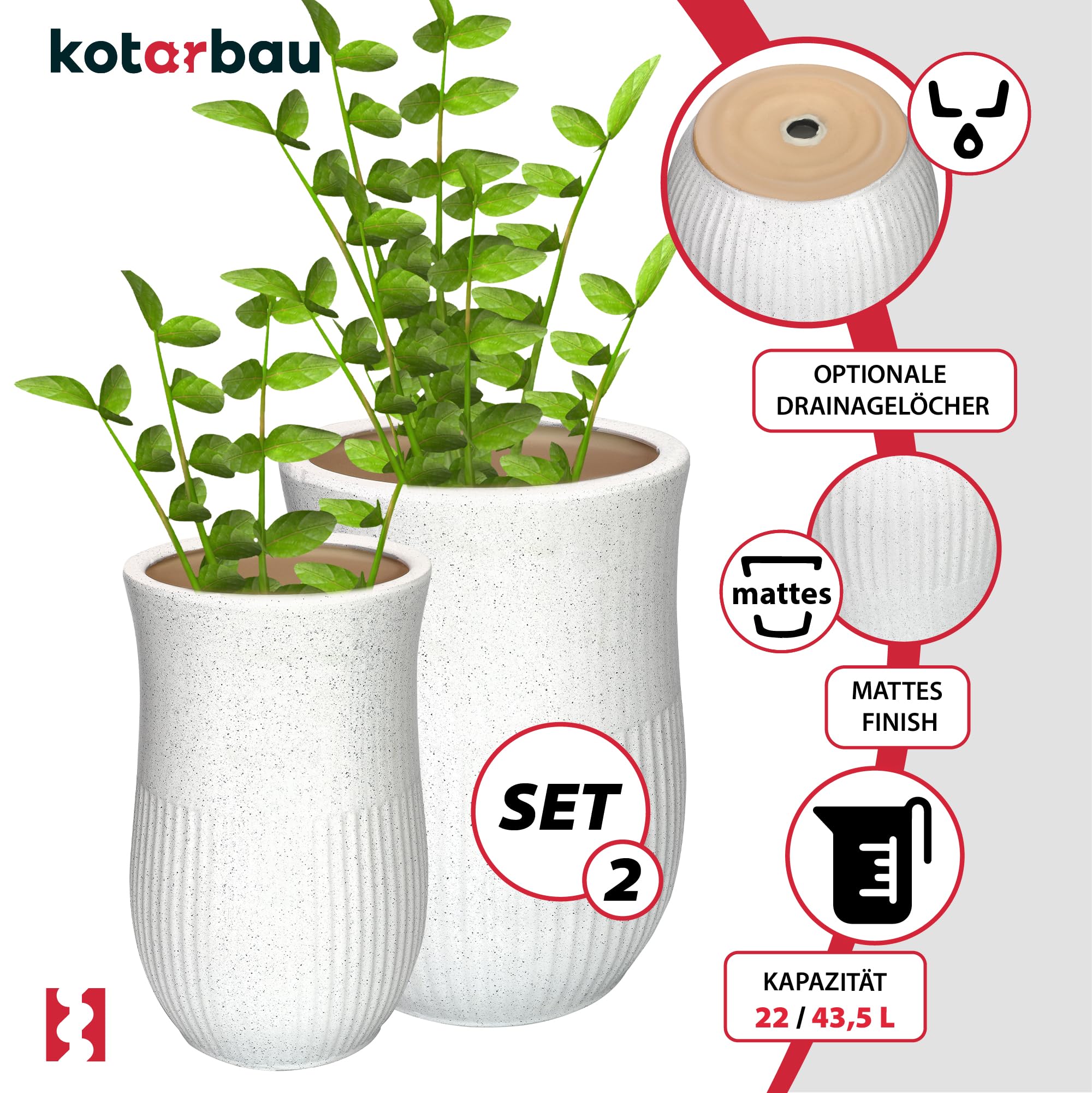 Lot de 2 Pots de Fleurs en Céramique - Diamètre : 23 cm - Diamètre : 31 cm - Blanc - Terrazzo - Pot de Fleurs en Céramique - KOTARBAU - 5