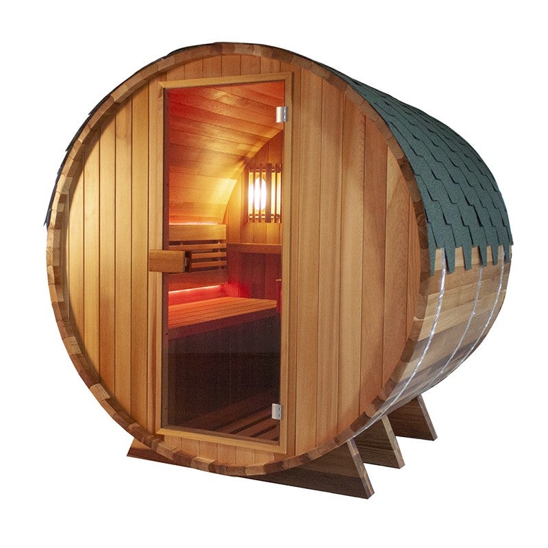 Sauna Extérieur Tonneau HOME DELUXE Lahti M - Épicéa, Poêle 3.6kW Inclus | Pour 2 Personnes