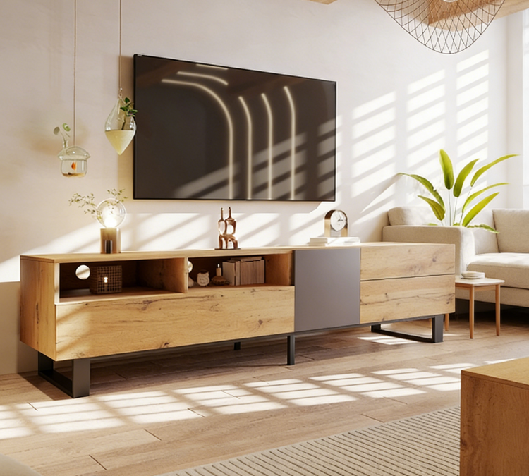 Meuble TV moderne colorblock, 2 tiroirs et 2 portes, dimensions 180×45 ...