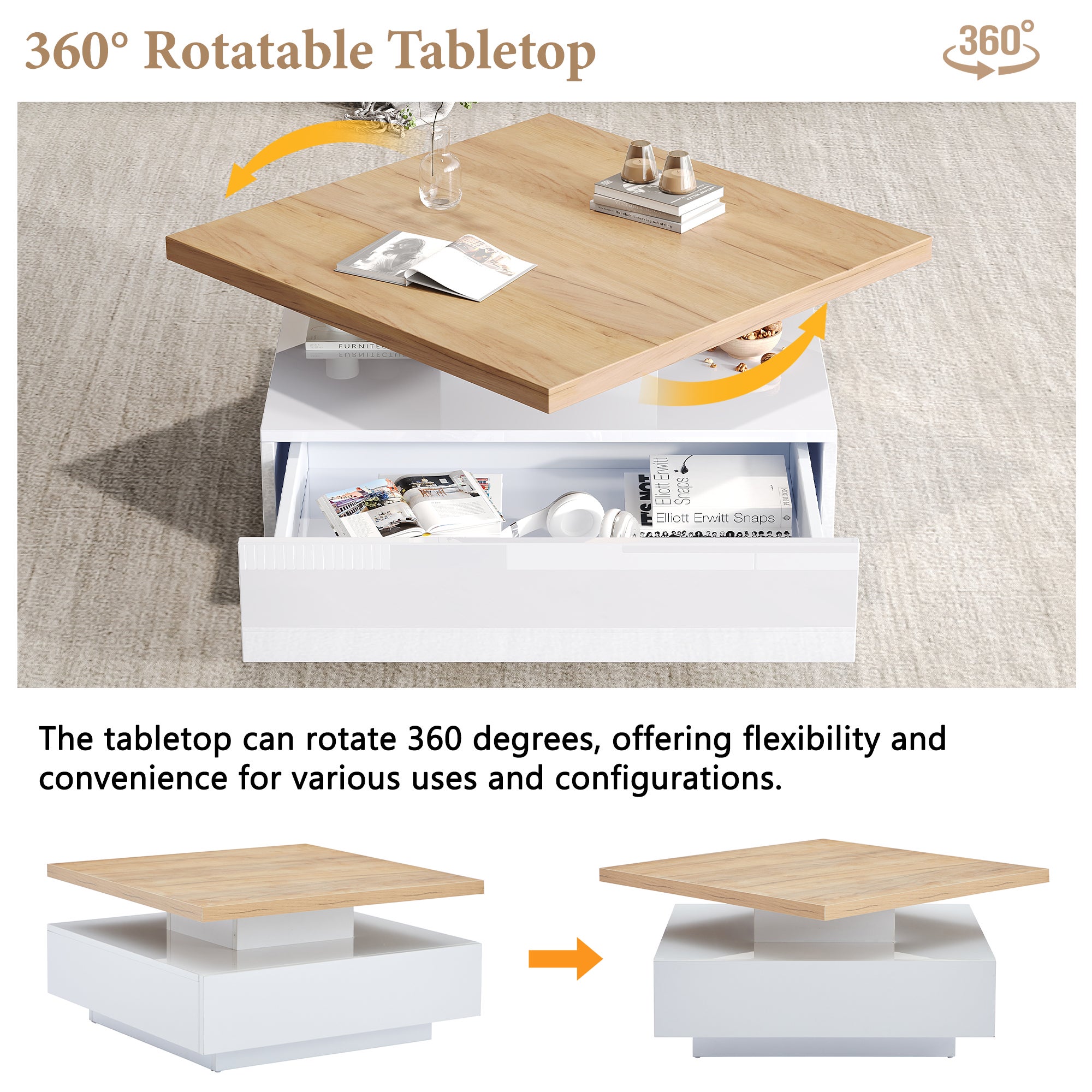 Table basse carrée avec 1 tiroir et plateau pivotant à 360° - 70 x 70 x 36 cm - Panneaux de particules - Blanc et noyer - 4