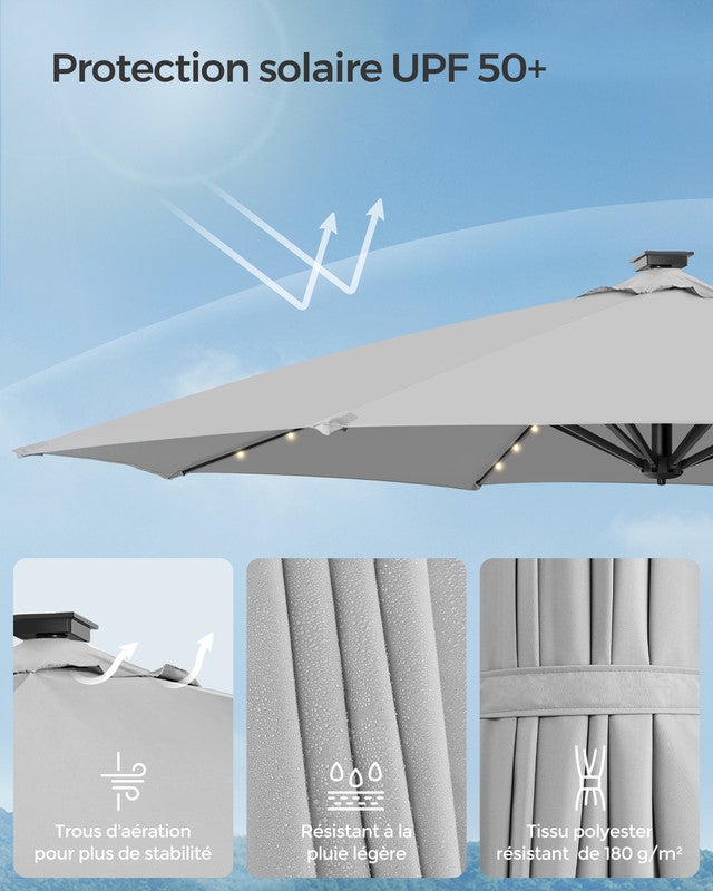 Parasol de Jardin 300 cm, 28 LED Solaires, UPF 50+, Pivotant à 360°, Inclinaison Fluide, Manivelle, avec Base en Croix, Gris Tourterelle - 4