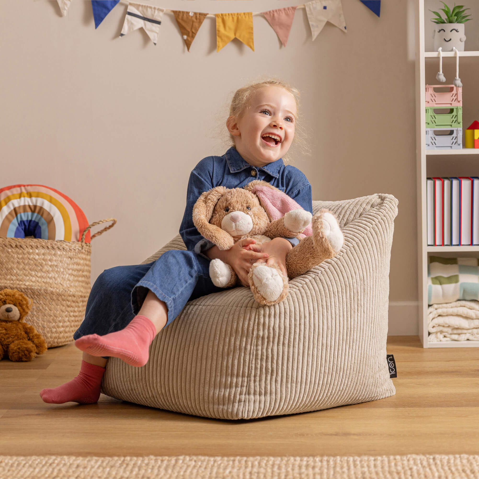 Lot de 2 poufs fauteuils enfant Icon velours côtelé beige galet, chambre, salon, 55x55xcm Oeko-Tex® - 3