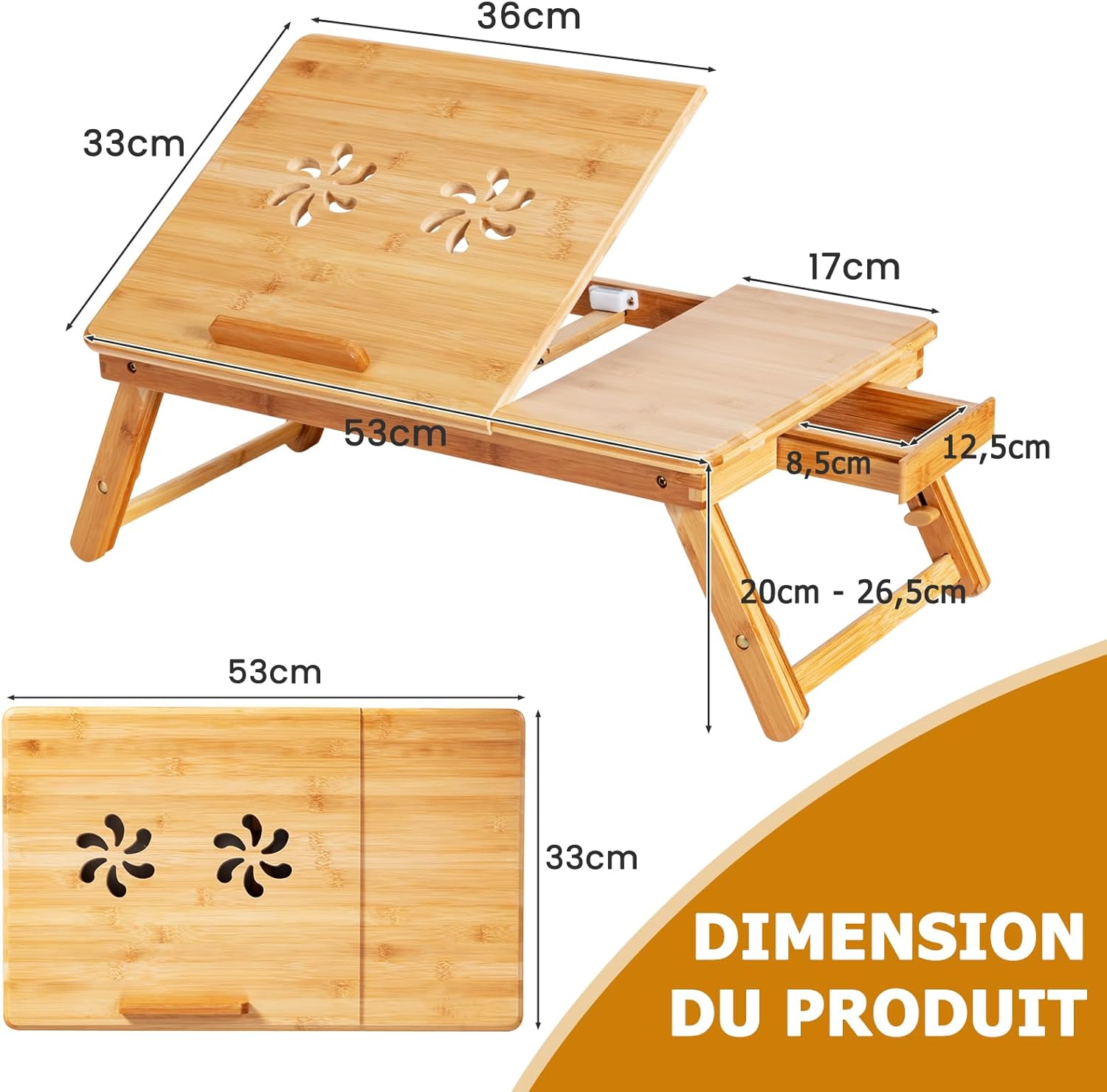 Table de Lit Pliable, Hauteur Réglable, Plateau Inclinable à 4 Niveaux, Bureau d'Ordinateur en Bambou avec Trous de Ventilation, Tiroir (Naturel) - 7