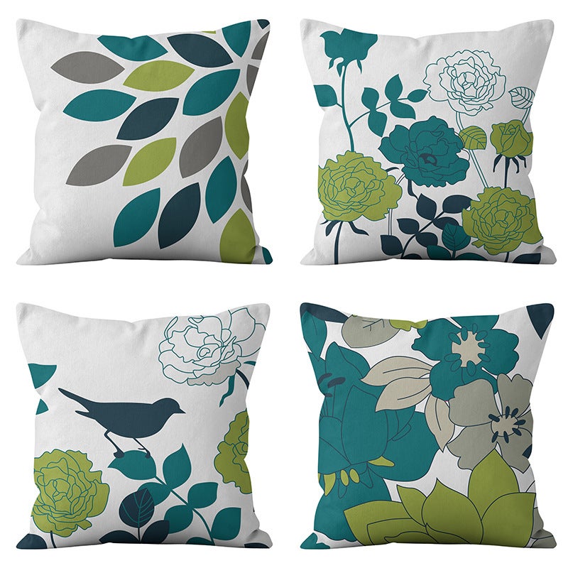 Juego de 4 fundas de cojines para exteriores, 45 x 45 cm, fundas de almohada impermeables para sofá con patrón de flores y pájaros azules y verdes,