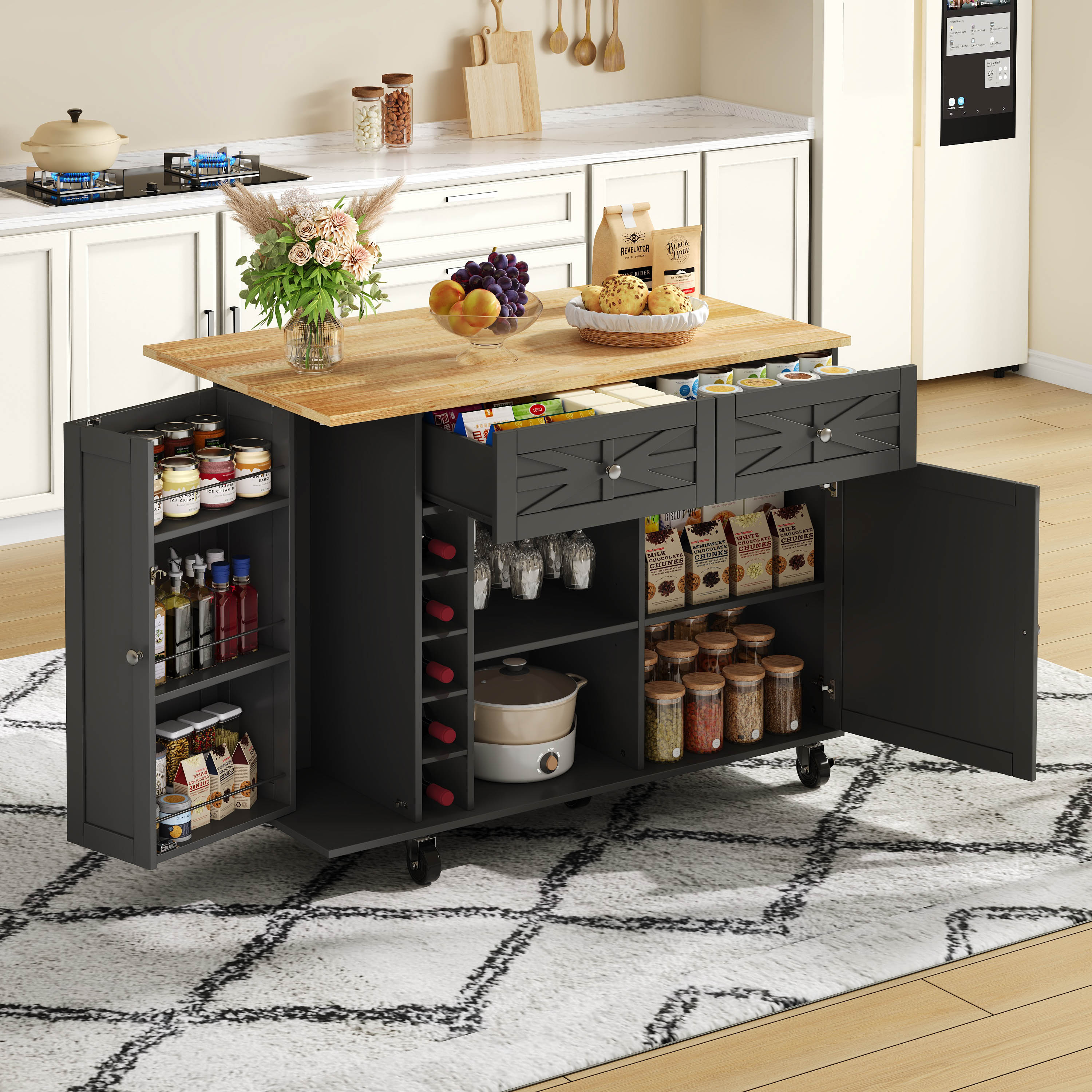 Isla de cocina 120x45 y 70x89 cm con tablero abatible, 5 ruedas bloqueables, almacenaje para vinos y copas, color negro