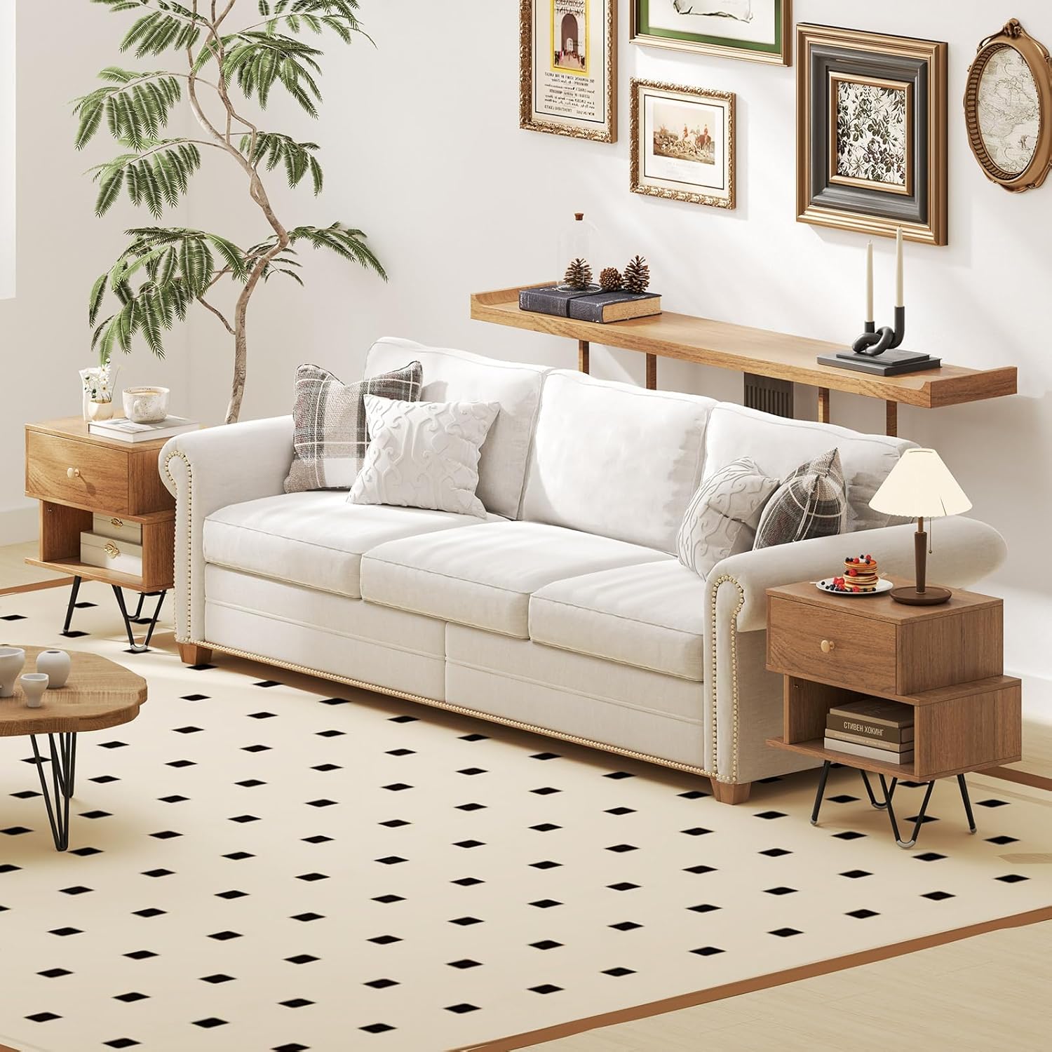 Table de Chevet Lot de 2 avec Tiroir, 4 Pieds en Métal Surélevés, Chevet de Lit Bois avec Compartiment, Design Irrégulier, Table de Nuit, Naturel - 2