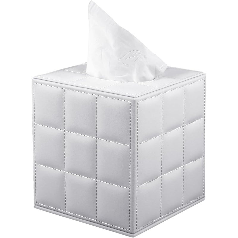 Kwadratowe skórzane etui na chusteczki - z magnetyczną podstawą, do domu i biura - 1 sztuka, 16×14×14 cm (biała kratka)