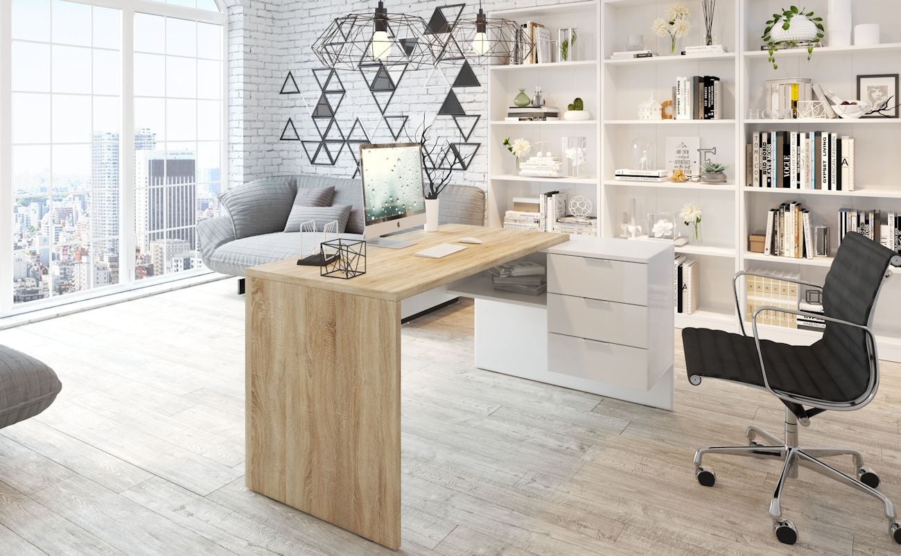 Bureau d'angle JIMI L145cm x P108cm - Blanc / Bois - 3