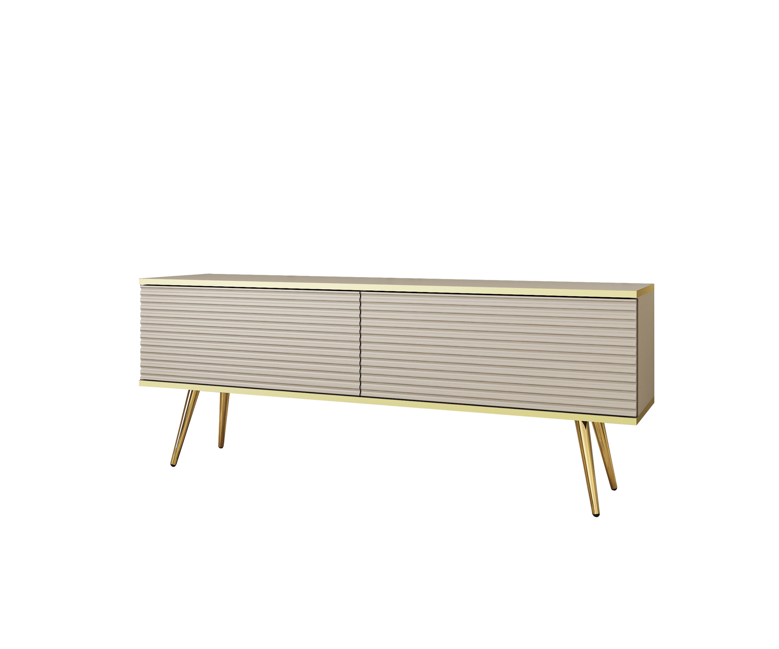 Stolik pod TV z beżowymi listwami, złote nogi, 135 x 30 x 52 cm, otwierany na naciśnięcie