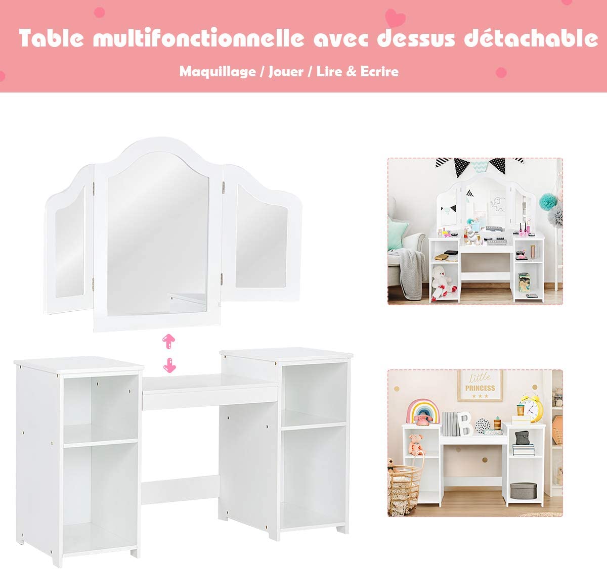 Toeletta per bambini in Legno, Design Smontabile 2 in 1, Mobile da Trucco Stile Principessa con 4 Mensole e Specchio, Mobile per Il Trucco per - 4