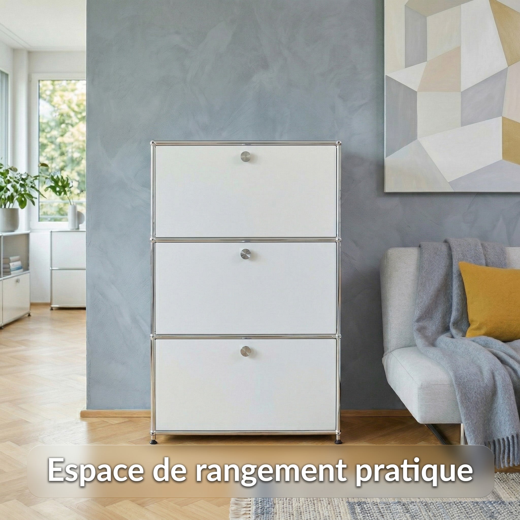 Étagère métal chromé design épuré, Concept Epuré MK-129, Buffet 3 compartiments verrouillables,Blanc - 4