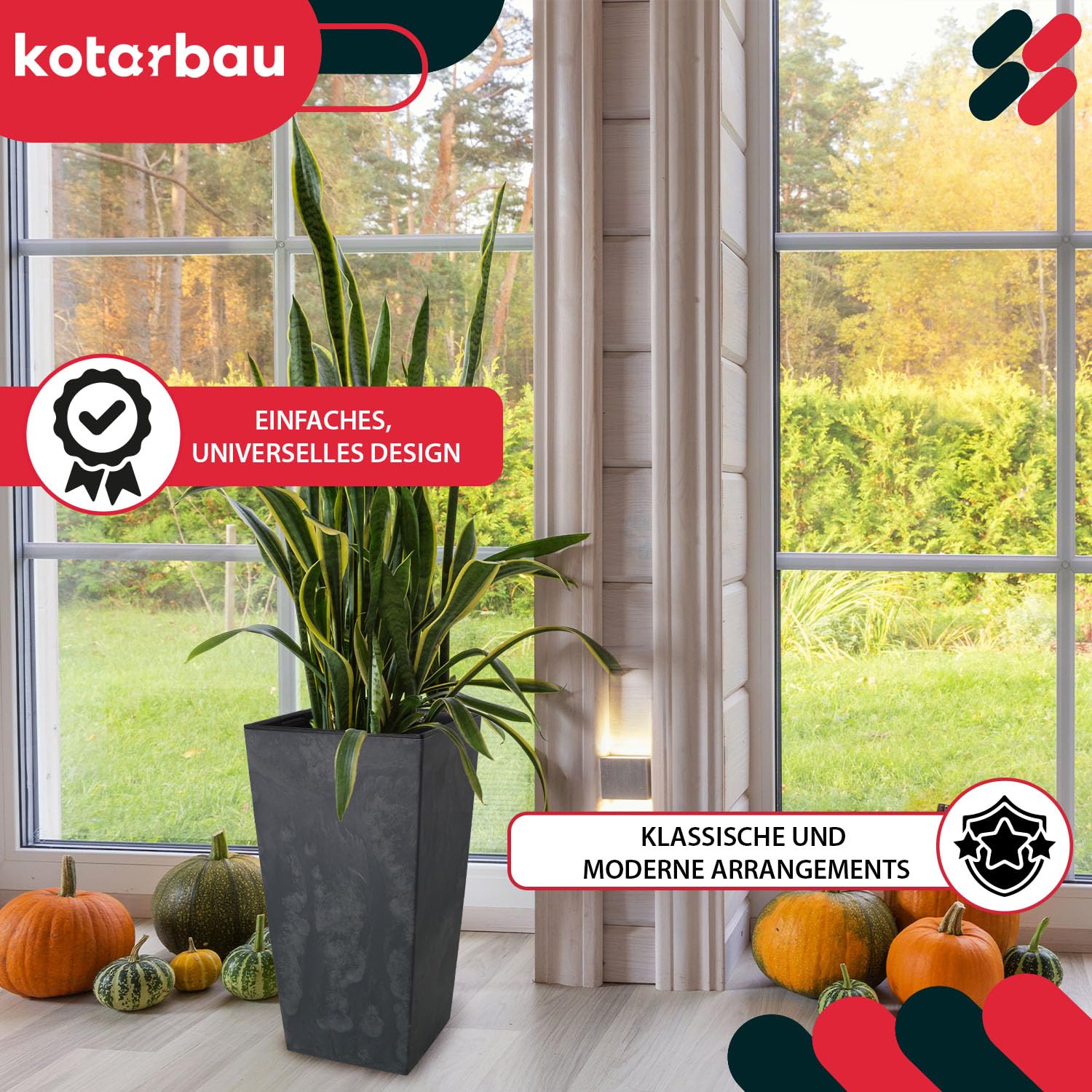 Vaso 400 x 400 x 750 mm, struttura in cemento quadrata con vaso interno grigio scuro - KOTARBAU - 2