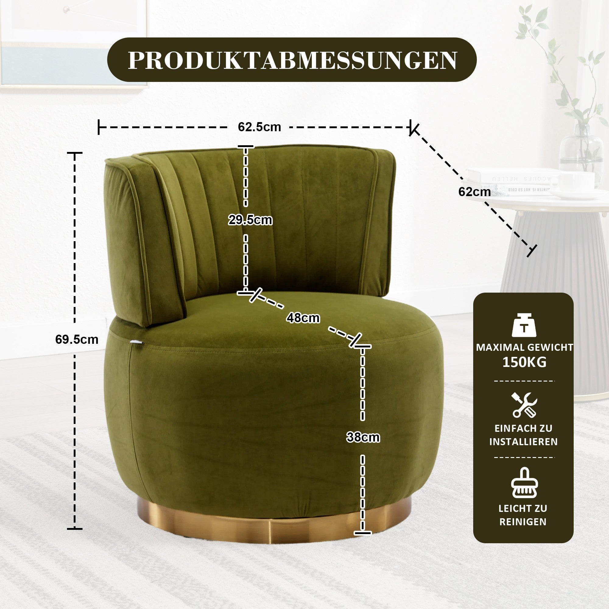 Fauteuil Pivotant 360° Velours Vert Olive - Chaise Lounge Moderne & Confortable - Structure Bois Robuste pour Salon & Chambre - 9