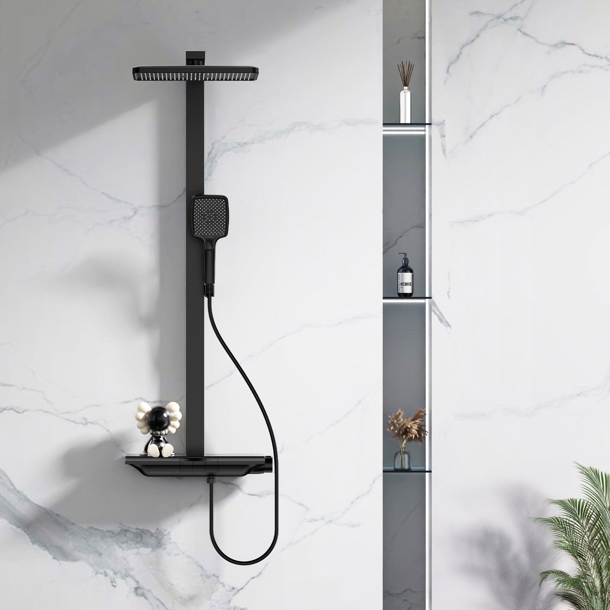 Colonne de Douche Thermostatique 40°C Noir, Kit de Douche 3 Fonctions avec Sortie Cascade, Étagère de Rangement 40 cm et Boutons Piano en Laiton - 9