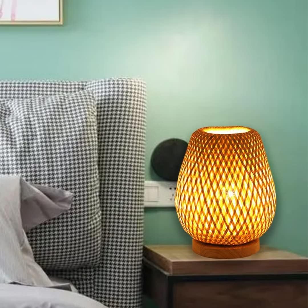 COMELY Lampe de Table en Bambou Fait Main, Petite Lampe Zen Décorative avec Abat-jour Bambou, Éclairage d’Ambiance E27 D18×H25CM pour Salon ou Chambre - 3