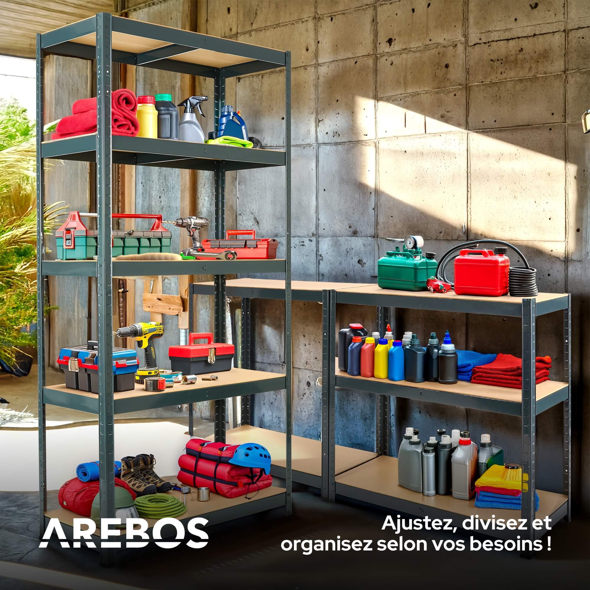AREBOS Lot de 2 étagères pour charges lourdes - 180 x 90 x 40 cm - Noir - 5 étagères - Étagère d'atelier - Étagère de rangement pour cave - 5