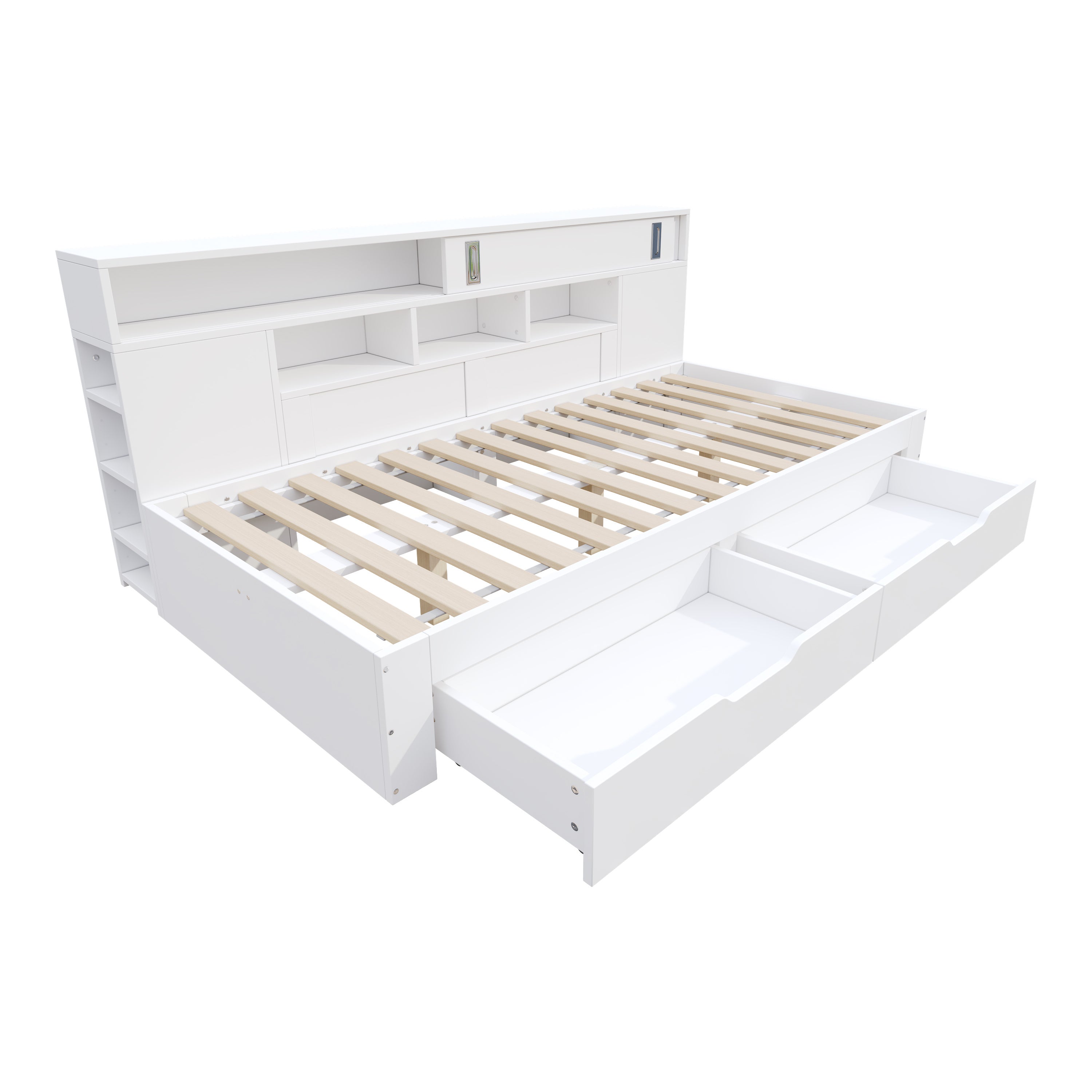 Lit enfant 140x190 cm - Avec 2 tiroirs - Armoire à portes coulissantes - Étagères latérales réglables - MDF - Blanc (sans matelas) - 3
