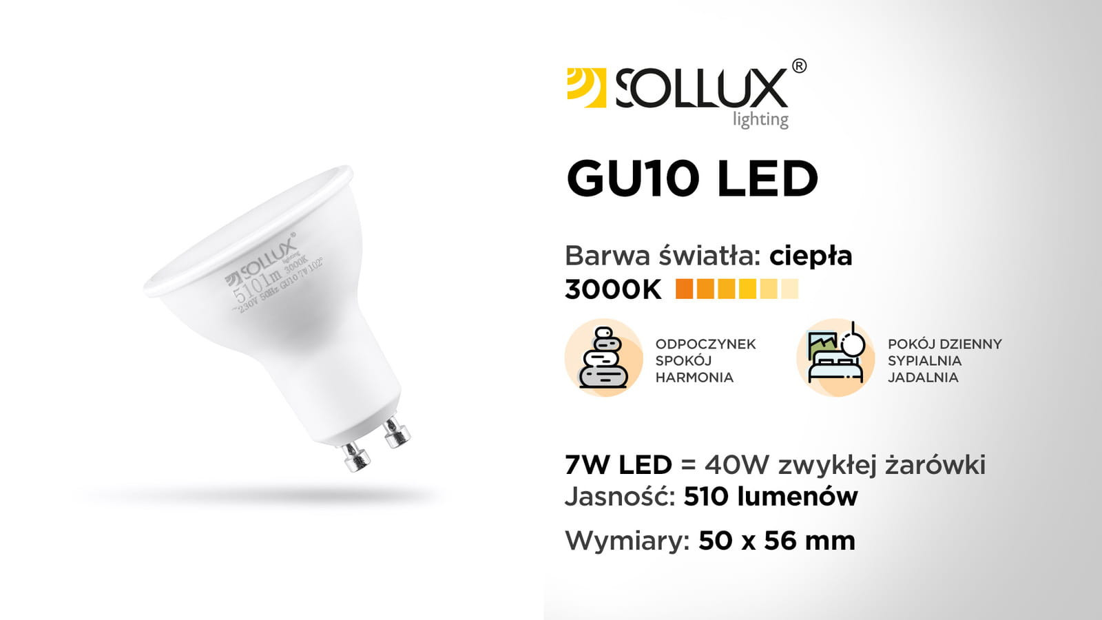 Żarówka LED GU10 7W reflektor mleczna Ciepła biel 3000K 620lm Sollux Lighting - 3