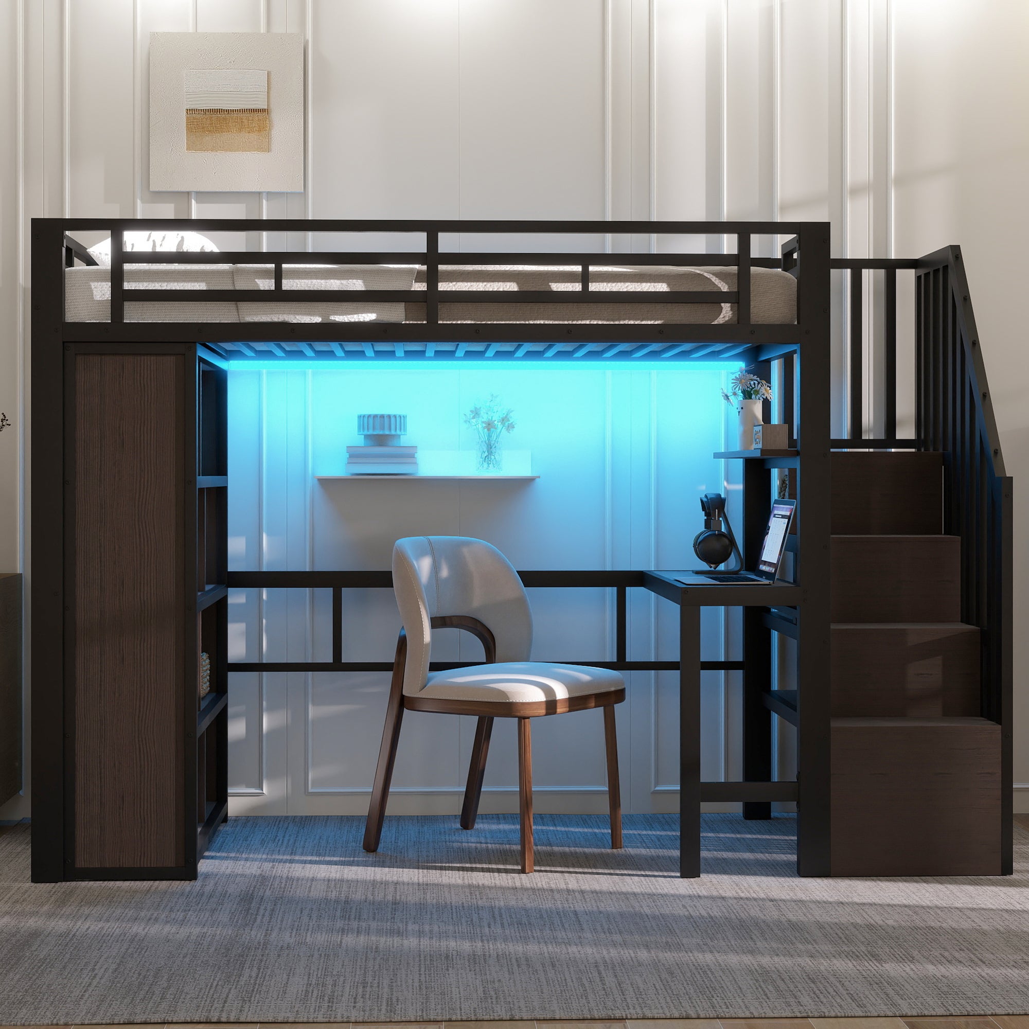 Lit mezzanine en métal 90x200 cm avec bureau et éclairage led app, lit superposé enfant avec escalier de rangement et étagères, noir (sans matelas) - 2