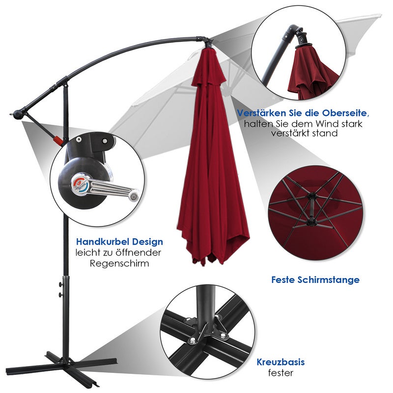 Parapluie 3m Parasol alu pivotant Parasol jardin terrasse balcon rouge - 4