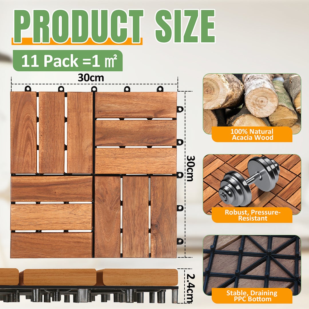 Dalles de terrasse 5 m² 55 pièces, 30 x 30 cm, dalles en bois 12 lattes, Dalles clipsables en bois d'acacia - 2