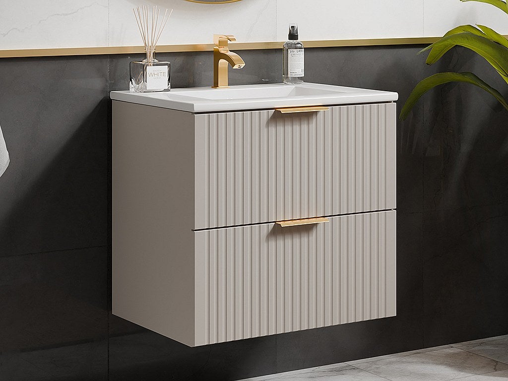 Szafka łazienkowa wisząca ryflowana z umywalką wpuszczaną w blat - Beżowy - 60 cm - ZEVARA