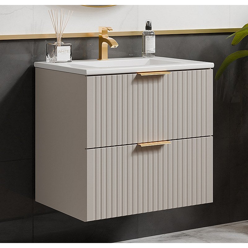 Szafka łazienkowa wisząca ryflowana z umywalką wpuszczaną w blat - Beżowy - 60 cm - ZEVARA