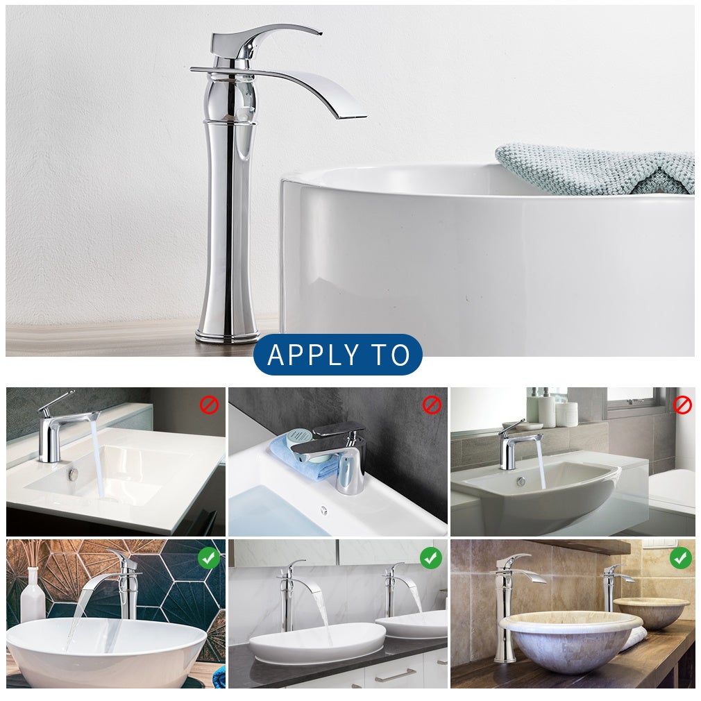 AuraLum Max 2pcs Mitigeur Lavabo Cascade Robinet Monocommand pour Lavabo et Vasque,Haute Bec pour Vasque à Poser -en Laiton,Chromé,EU Modèle - 3