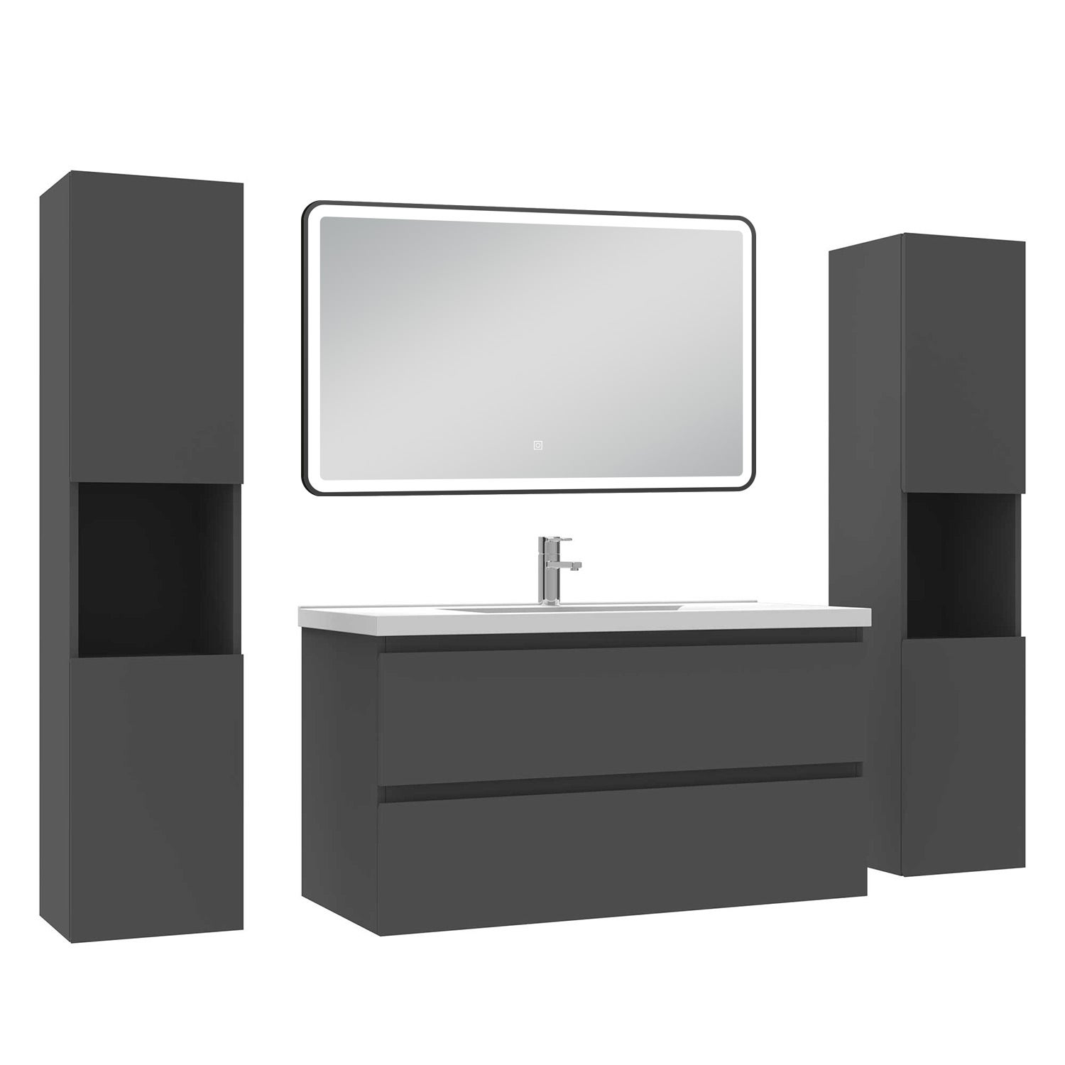 Meuble Salle De Bain 100cm Anthracite Simple Vasque + Miroir Lumineux 3 Couleurs Dimmable 98746838