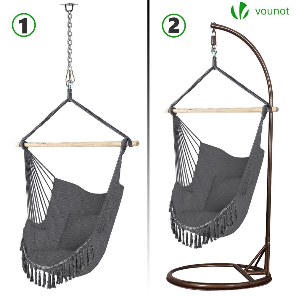 VOUNOT® Chaise hamac suspendue à franges - siège balançoire en coton doux avec 2 coussins - portable pour intérieur et extérieur - gris - 5