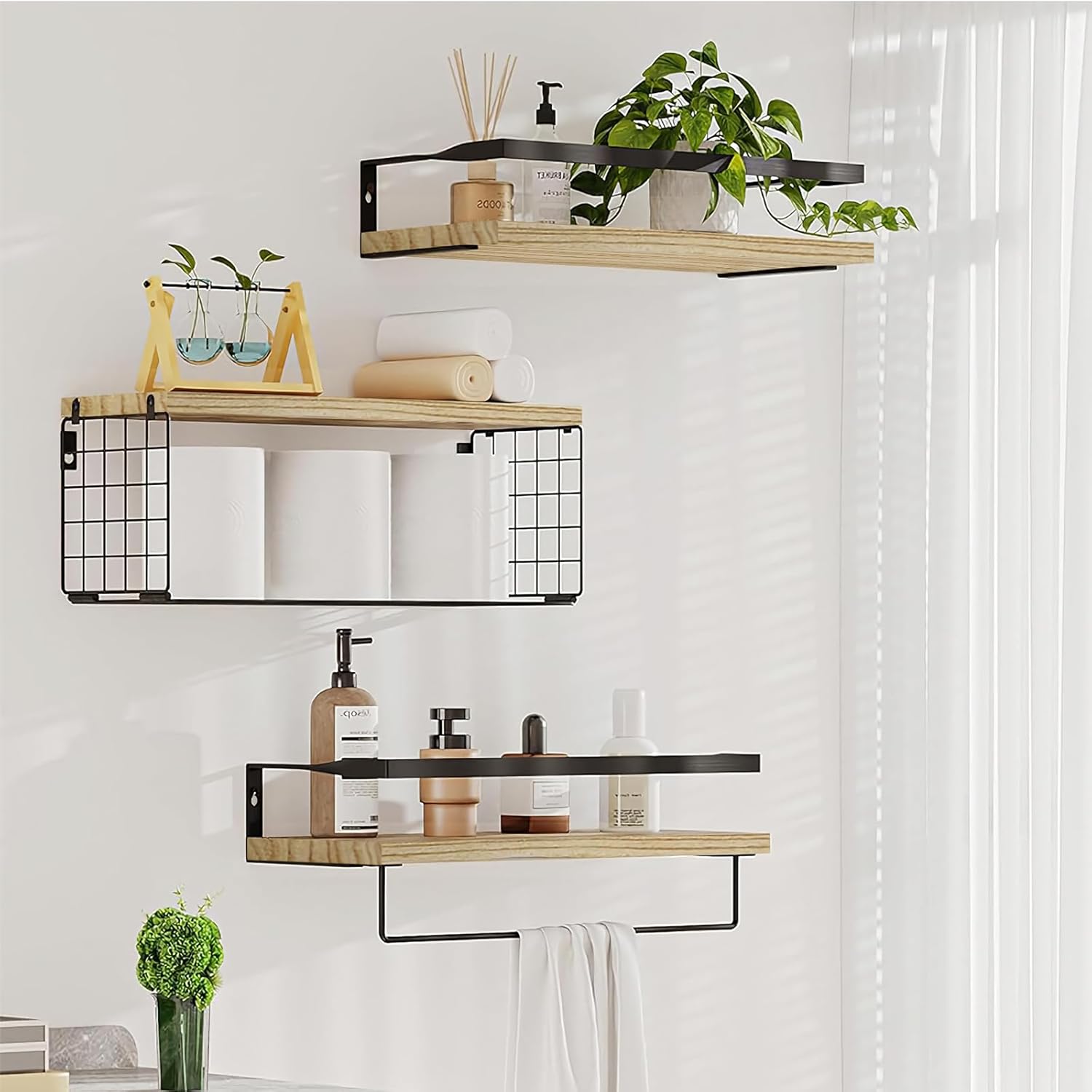 Lot de 3 Étagère Murale Bois avec Panier de Rangement en Fil métallique, Lot de 3 + 1 (Rustique) - 7