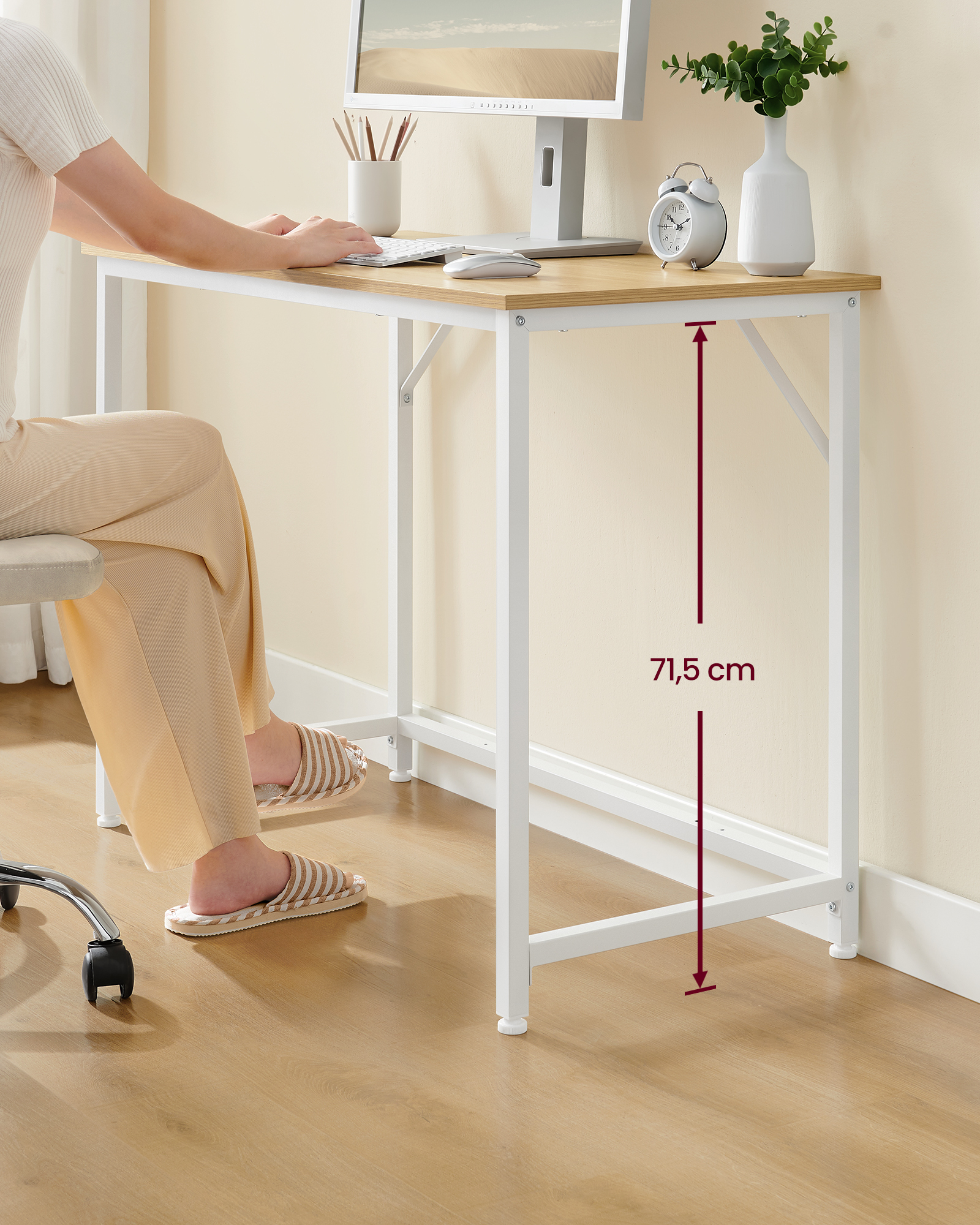 Bureau, pour Bureau, Chambre, 50 x 100 x 76 cm, Style Moderne, Cadre en Métal, Couleur Chêne Naturel et Blanc Perle - 3