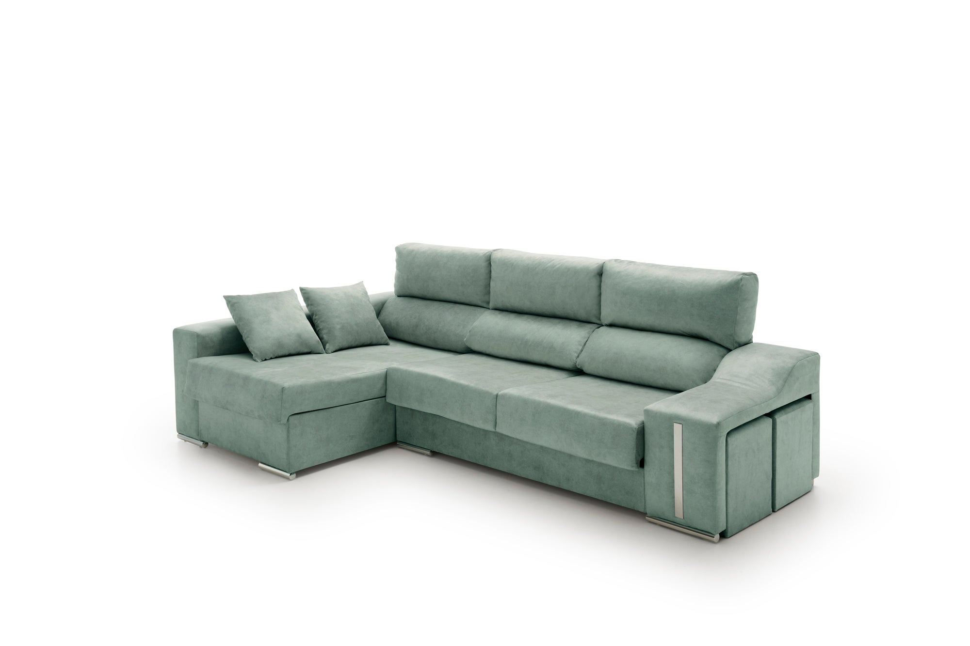 Sofa chaise longue reclinable y deslizante con puffs serena alta gama agua marina izquierda