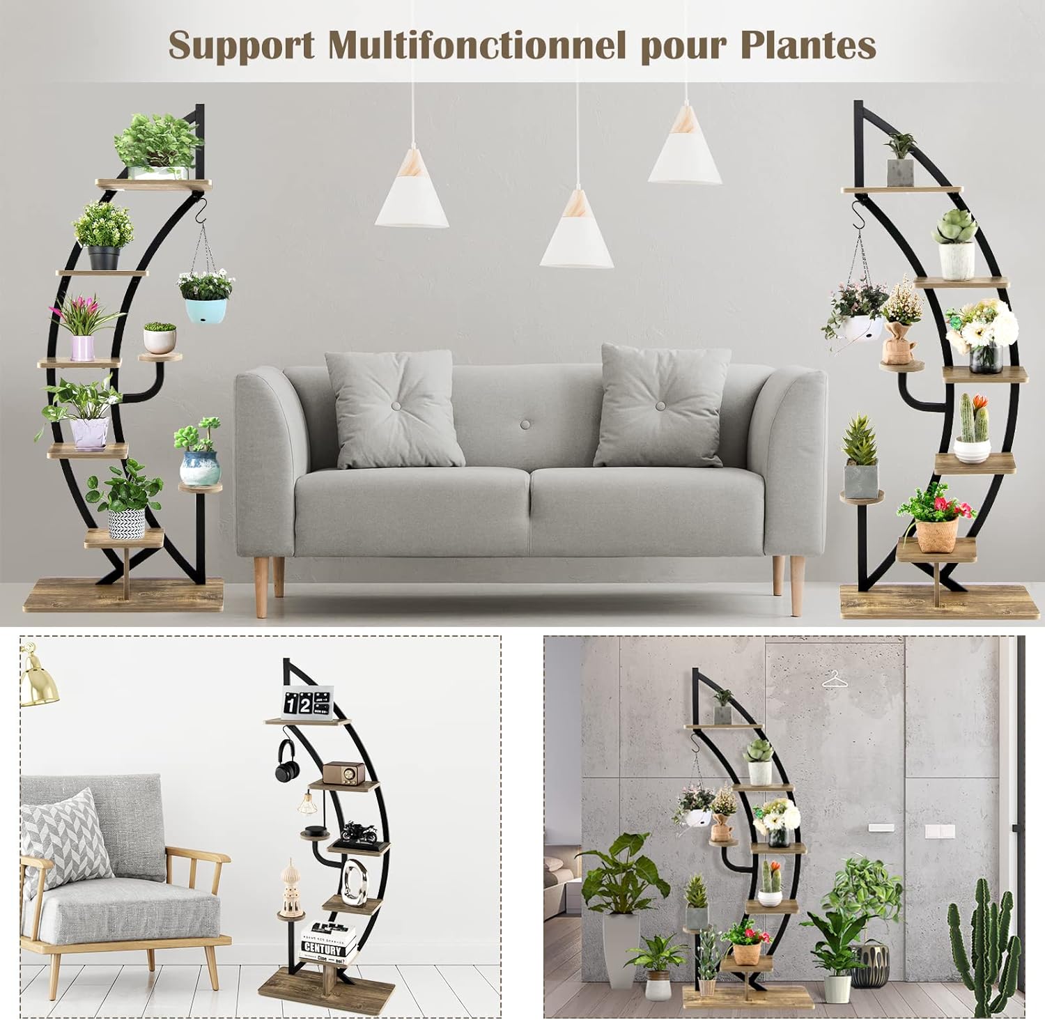 Support pour Plantes en Métal 7 Niveaux, étagère à Fleurs en Forme de Demi-lune avec Crochet, Dispositif Anti-Basculement, 60 x 30 x 155 CM (2 PCS) - 5