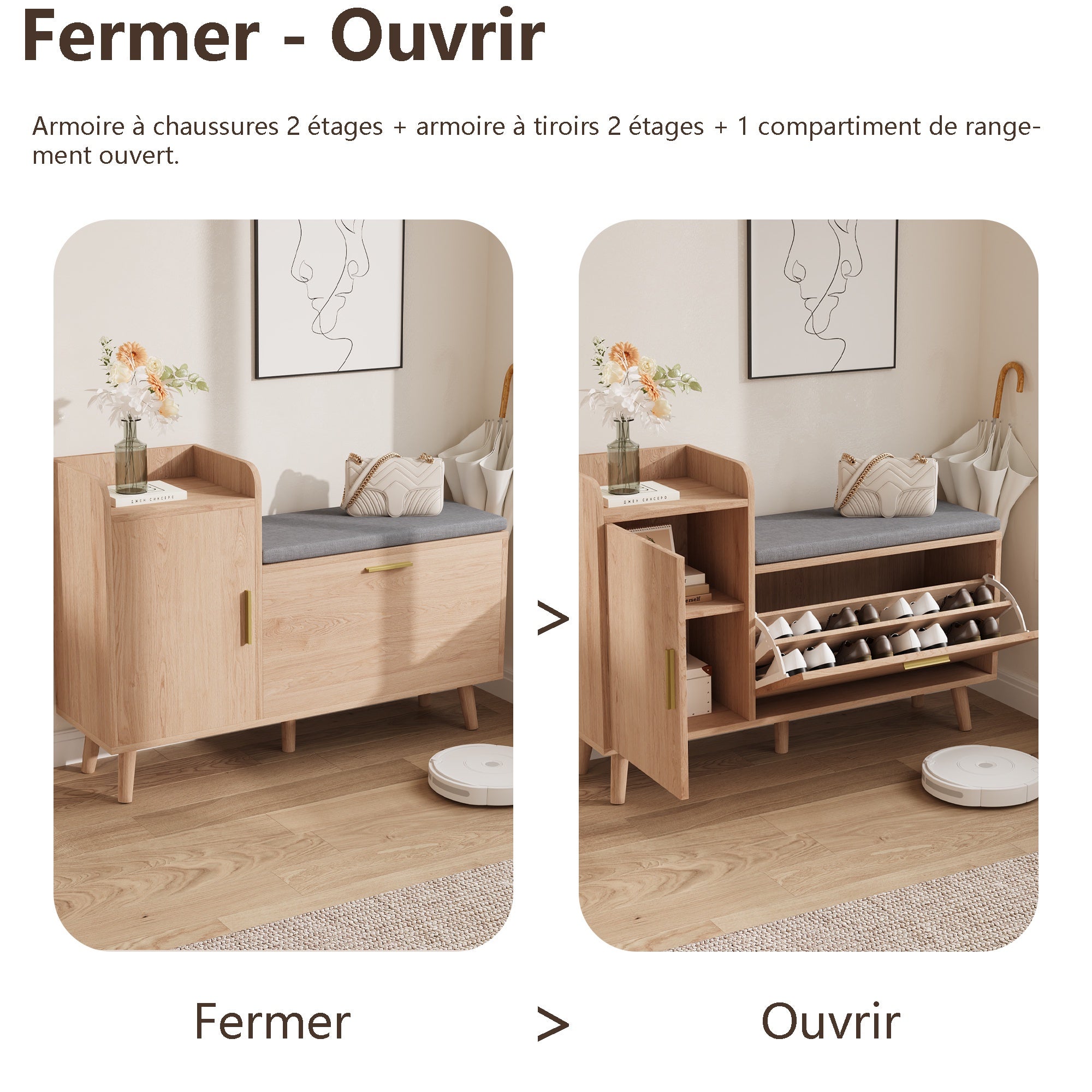 Meuble à Chaussures avec Banc Rembourré, 2 Casiers à Chaussures, Armoire Latérale et Étagère Ouverte - Style Nordique Bois Clair - 3