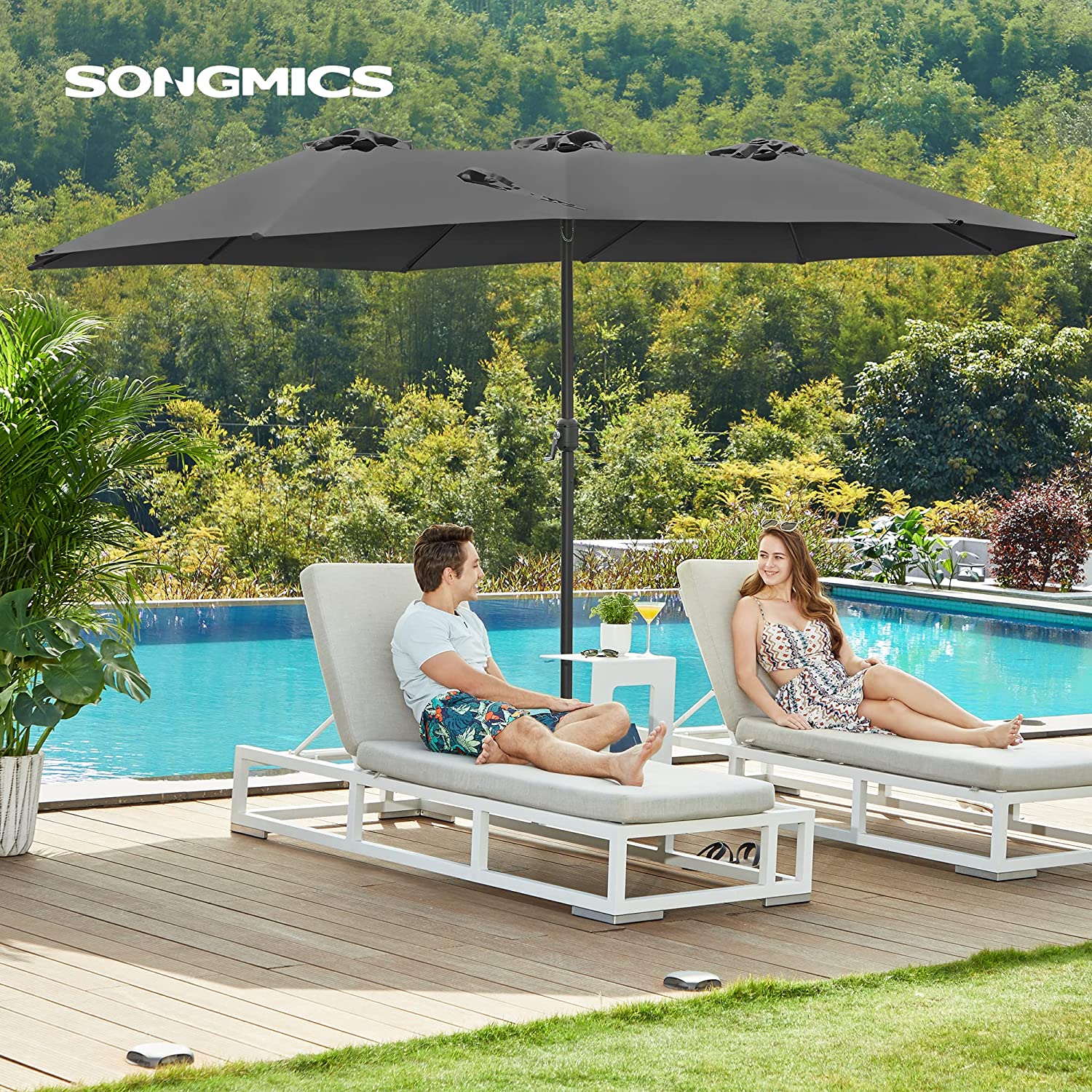 Ombrelle extra large parasol 460 x 270 cm, protection UPF 50+, pour jardin, extérieur,Gris - 2