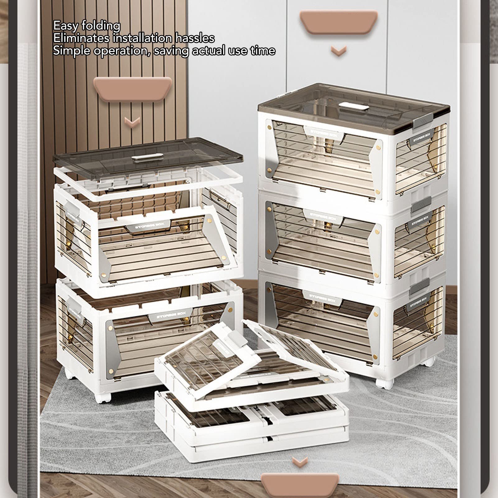 Bacs de rangement empilables, pliables, stables, à aspiration magnétique, boîte de rangement avec roulettes, pour la maison, en PP transparent ( - 4