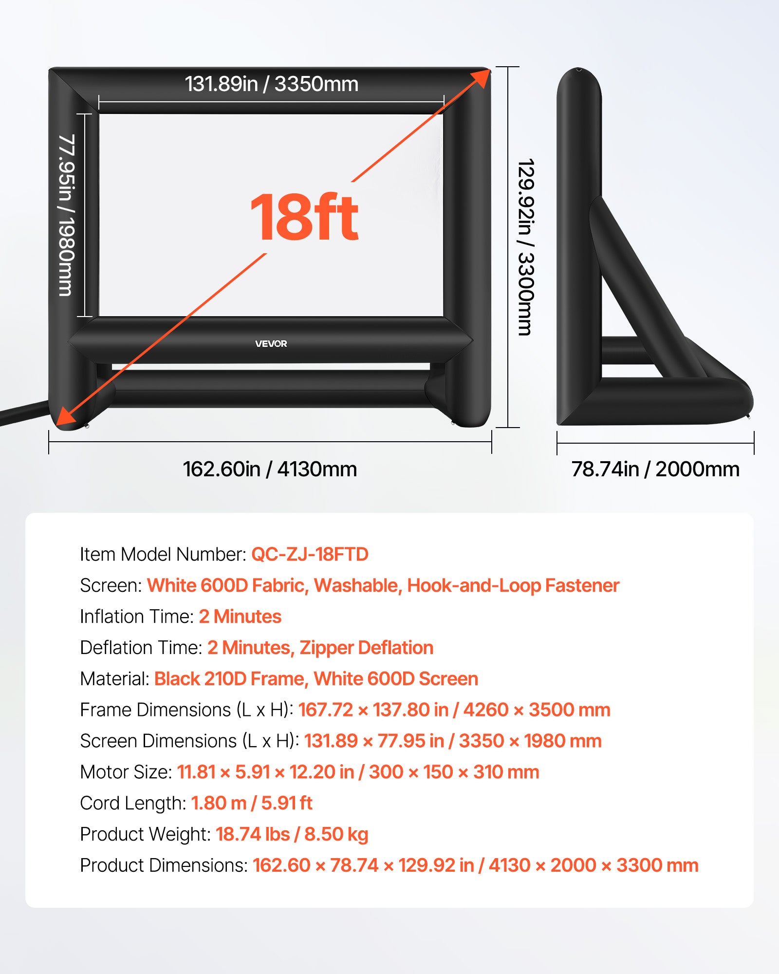 Écran Projection Gonflable Diagonale de VEVOR 549 cm,Format 16:9,600D,Lavable,avec Sac de Rangement Portable,Installation Facile,pour Extérieur - 7