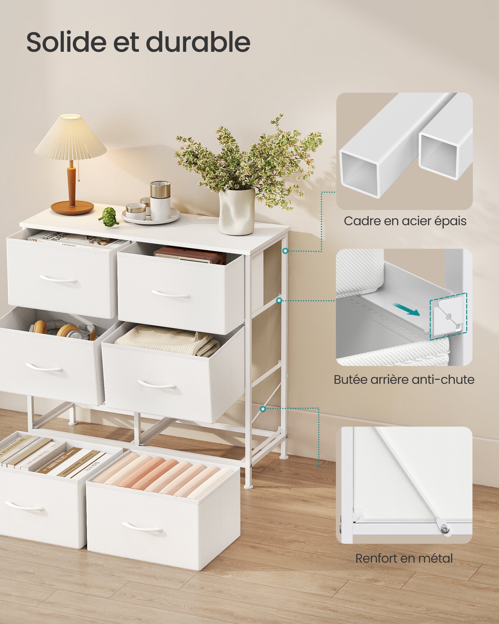 Commode 6 Tiroirs, Meuble de Rangement pour Chambre, Acier, Panneau MDF, Tissu non-tissé, pour Couloir, Entrée, Salon, Blanc Nuage et Blanc Neige - 6