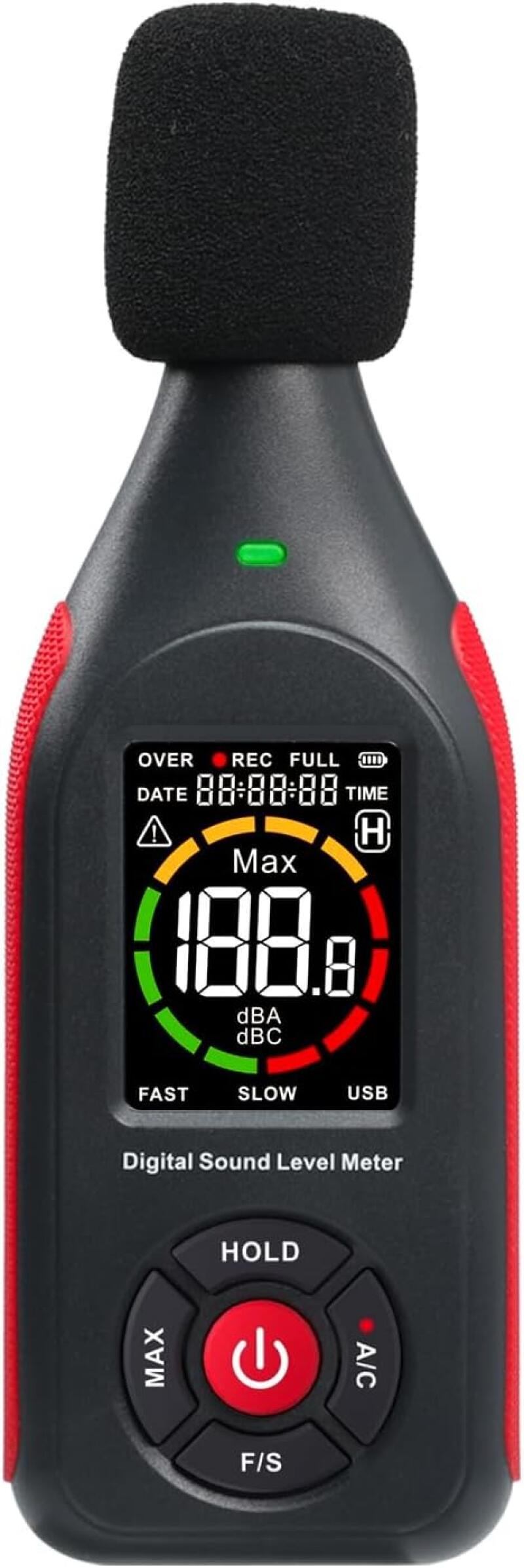 Profesjonalny decybelomierz z alarmem – Pomiar 30-130 dB, nagrywanie, SPL Max, ładowalny, wyświetlacz LCD