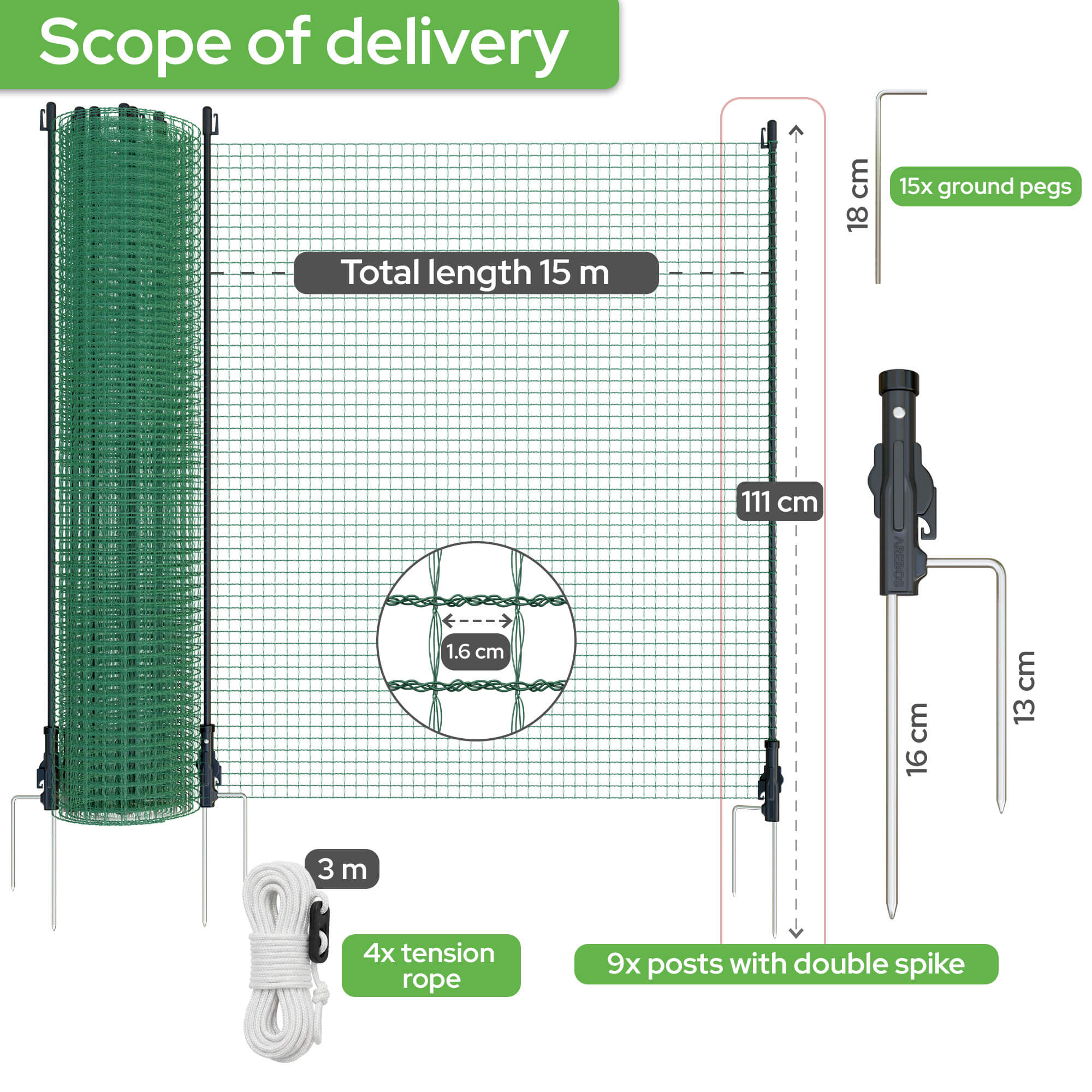 AREBOS Kit de clôture mobile 15 m, filet en plastique HDPE avec 9 poteaux, léger et idéal pour jardin, animaux et extérieur - 9