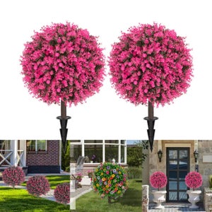 Set 2 Cespugli Artificiali A Sfera Di Bosso Con Fiori Di Lavanda - Altezza 66 Cm - Resistenti Ai Raggi UV - Con Picchetti Per Esterno/Interno