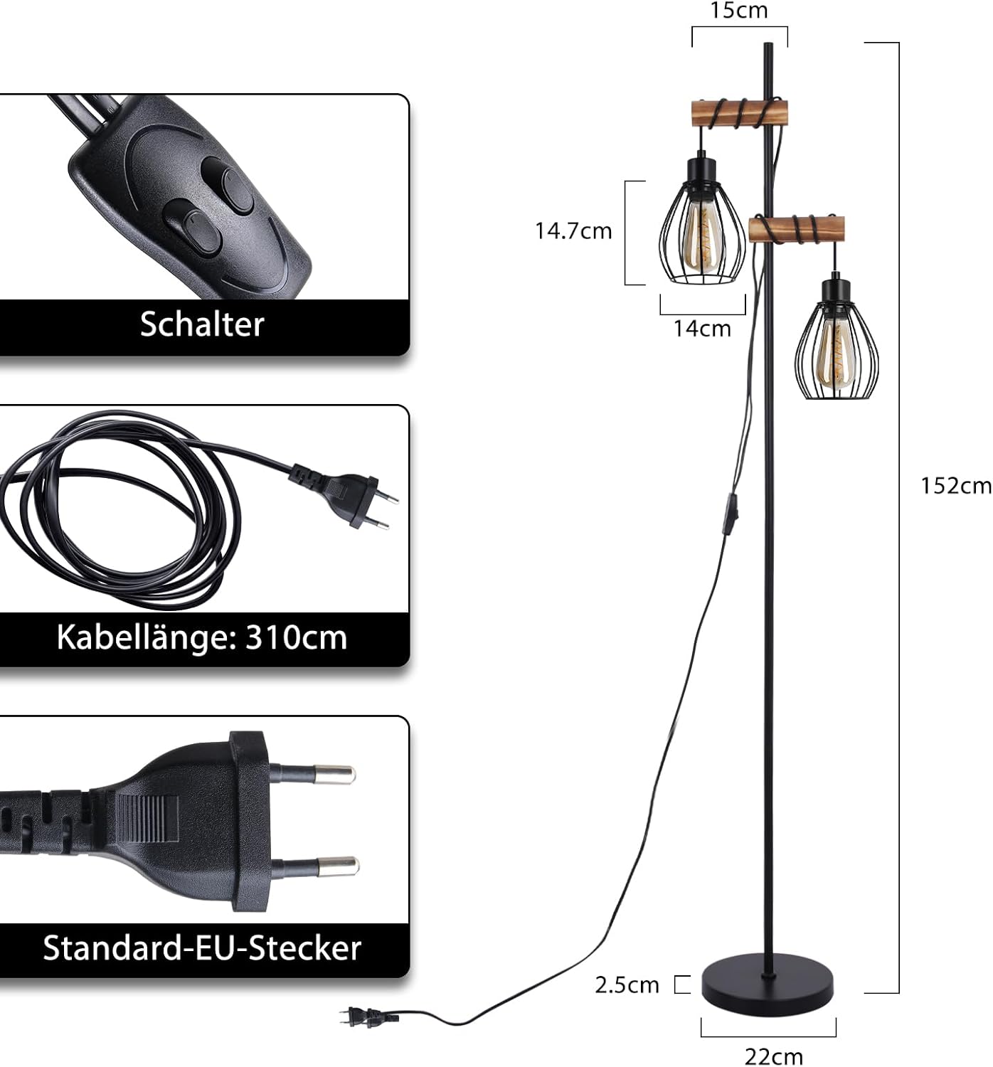 NETTLIFE lampadaire salon lampadaire noir : lampadaire bois métal industriel e27 lampadaire 2 lumières avec abat-jour cage 152cm (sans ampoule) - 5