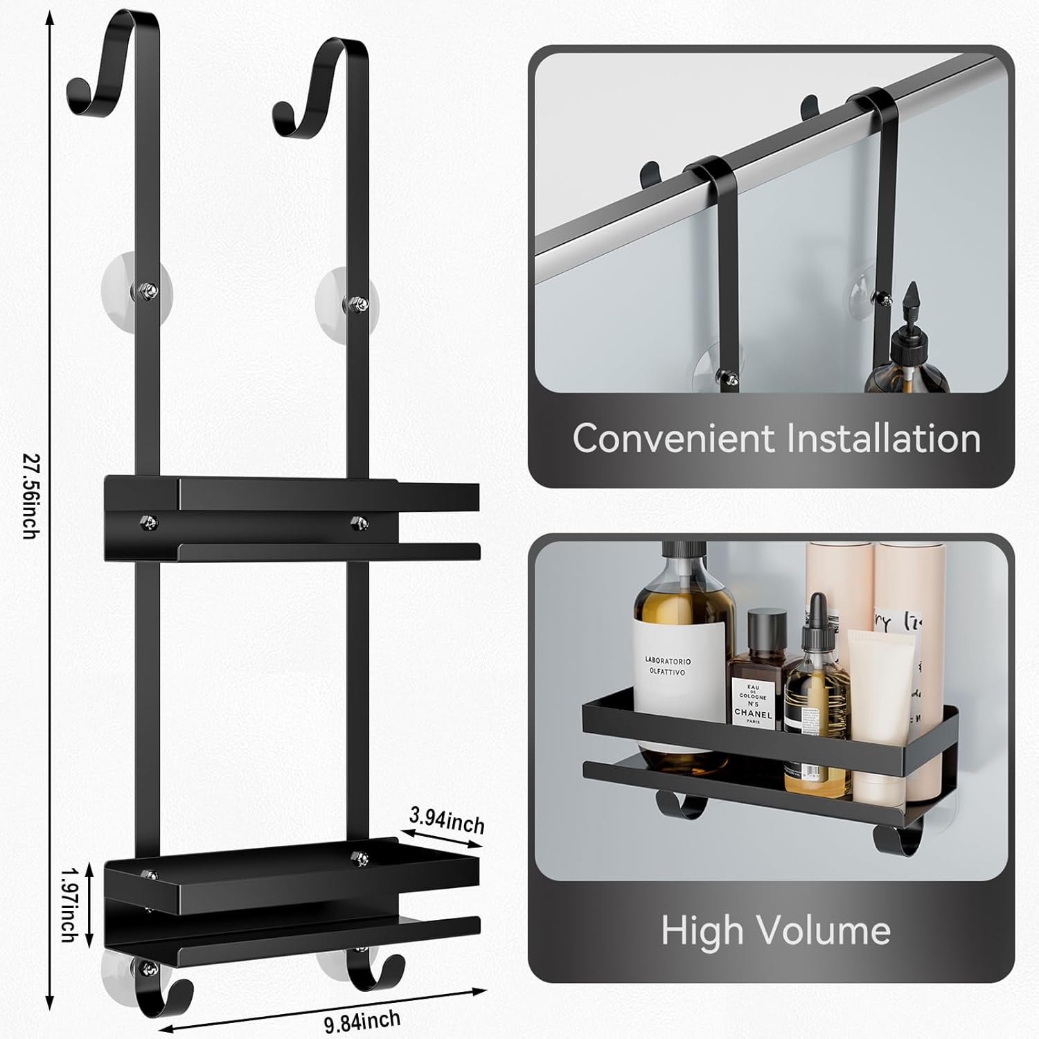 UUlioyer Étagère Douche Sans Percage 3 Pièces - Rangement Salle De Bain Noir, Organisation Murale Robuste