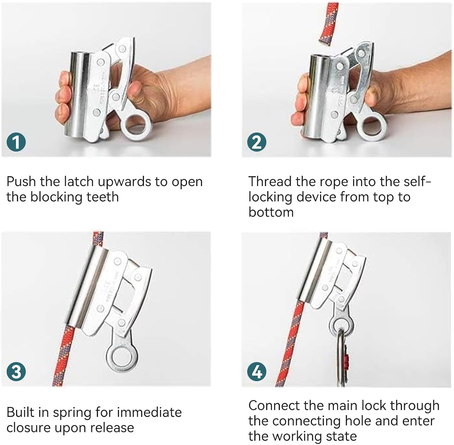 Dispositif d'arrêt de descente auto-freinant, outil de prévention des chutes d'escalade autobloquant 6KN, coulisseau de corde fermé de 16 mm - 5