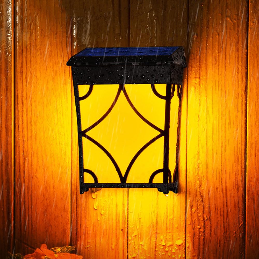 Zestaw 2 solarnych lamp ogrodowych, oświetlenie ogrodzeniowe, oświetlenie regulowane (złote światło i RGB), zewnętrzne, do willi, dekoracja ścienna