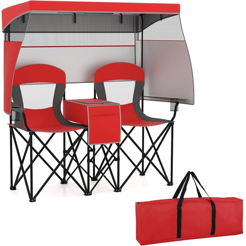 Podwójne Krzesło Plażowe z Regulowanym Daszkiem dla 2 Osób, Składane Krzesło Kempingowe, Przenośna Torba Termiczna, 163 x 72 x 153 cm (Czerwone)