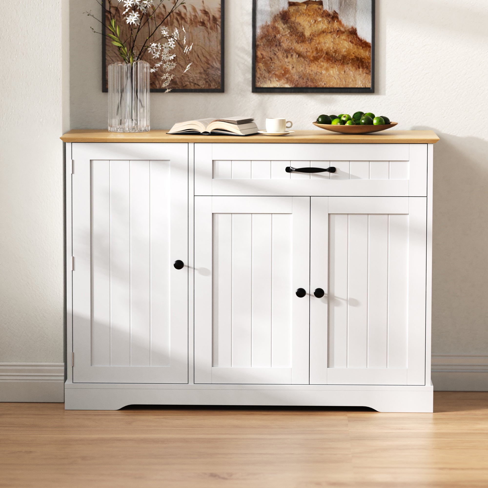 Nowoczesna komoda z 3 drzwiami i 1 szufladą - 107 x 40 x 83,4 cm - do jadalni, salonu - MDF - Biały + naturalny