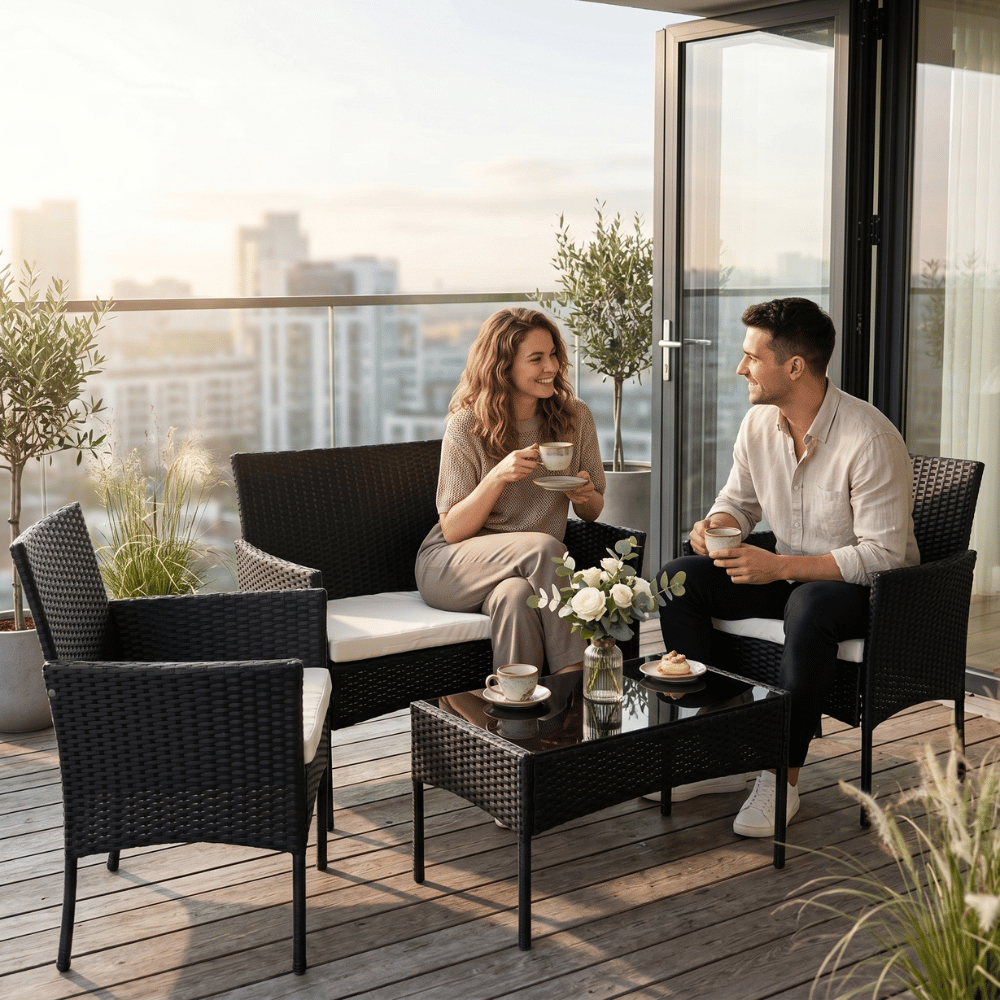Zestaw mebli ogrodowych technorattan na taras ogród komplet wypoczynkowy FUNFIT sofa stół 2x fotel czarny - 3