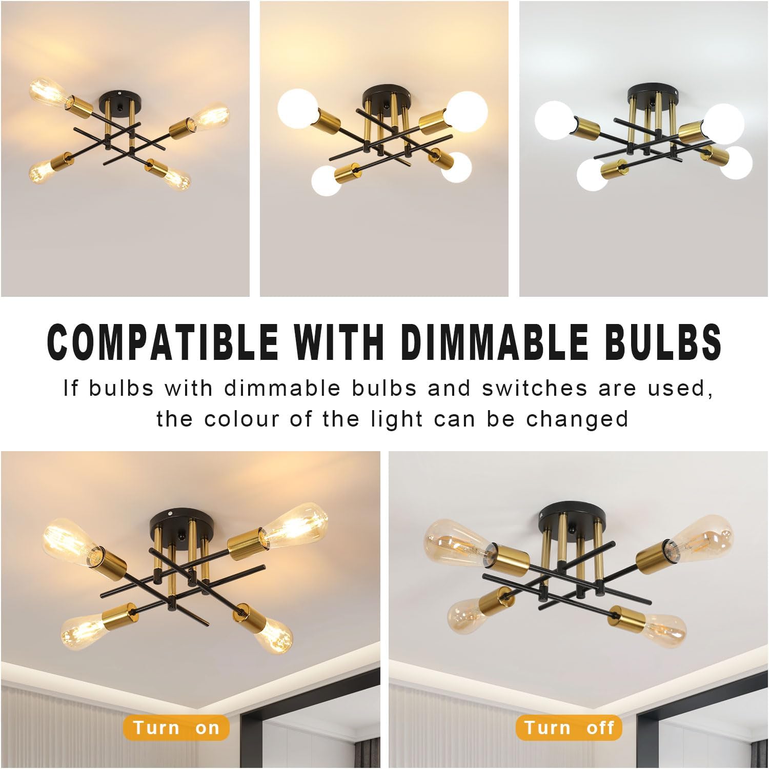 COMELY Plafonnier Industriel 4 Lumières E27 Noir et Doré, Lustre Vintage Métal, Lampe de Plafond Moderne pour Salon, Salle à Manger, Cuisine - 4